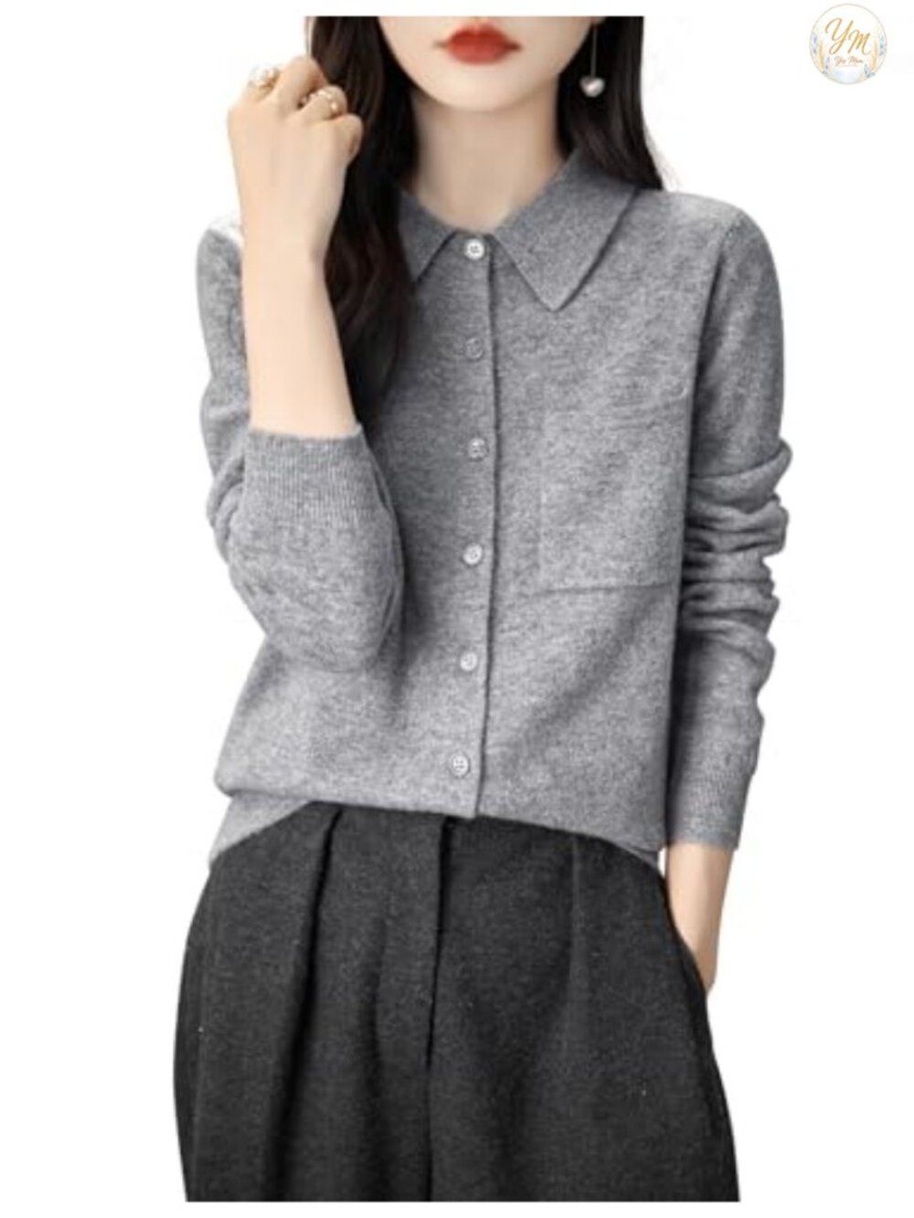 100% Merino Wool Women's Polo Neck Cardigan Sweater Long Sleeve Knitted with